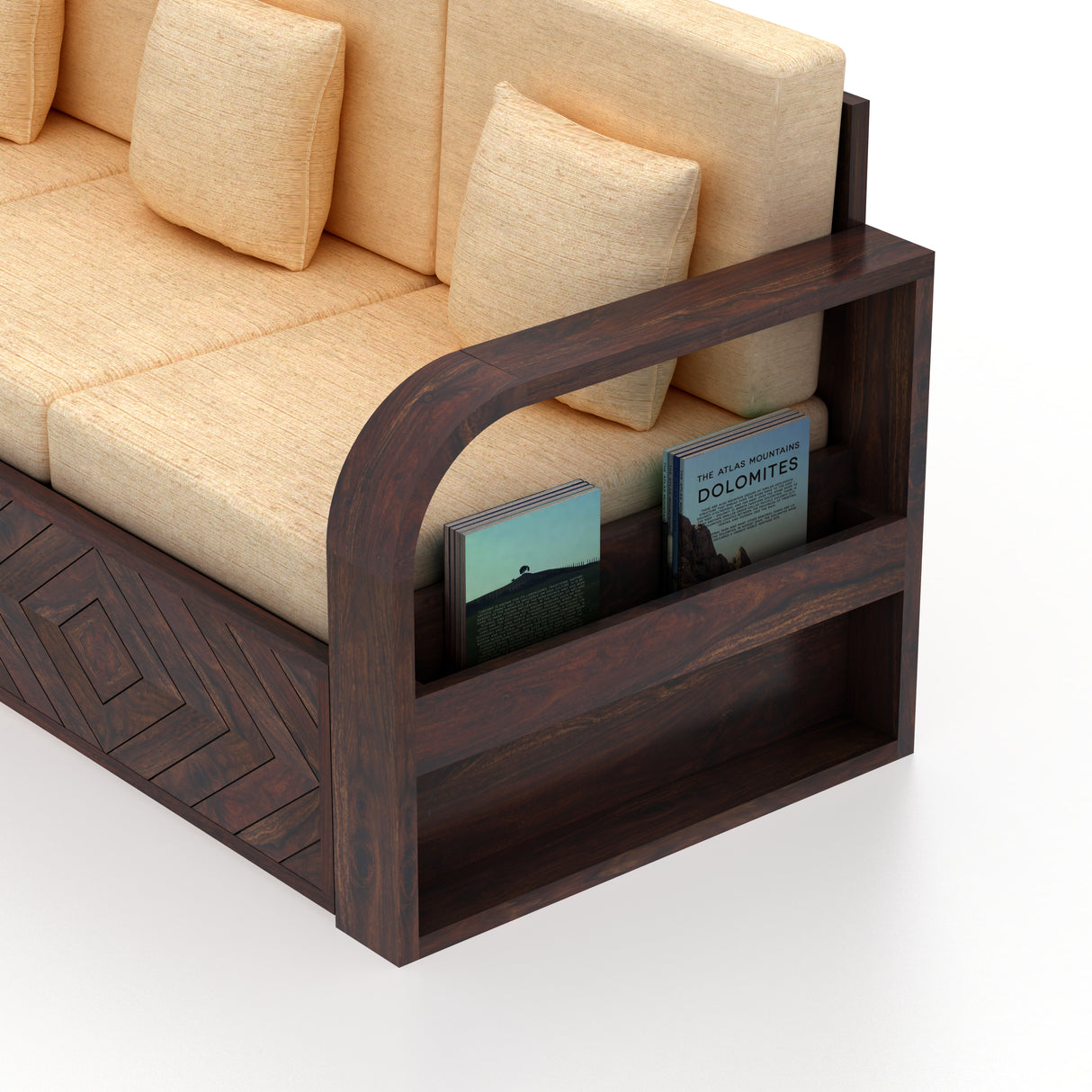 Wave Solid Sheesham Wood 3 Seater Sofa With Side Pockets - 3 Years Warranty