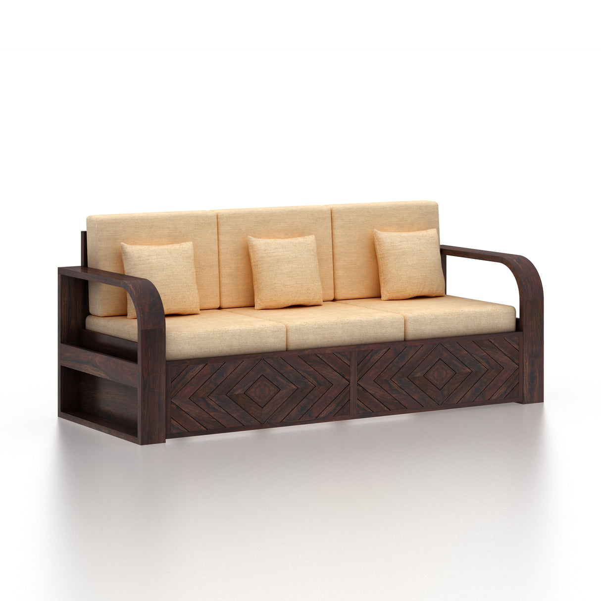 Wave Solid Sheesham Wood 3 Seater Sofa With Side Pockets - 3 Years Warranty