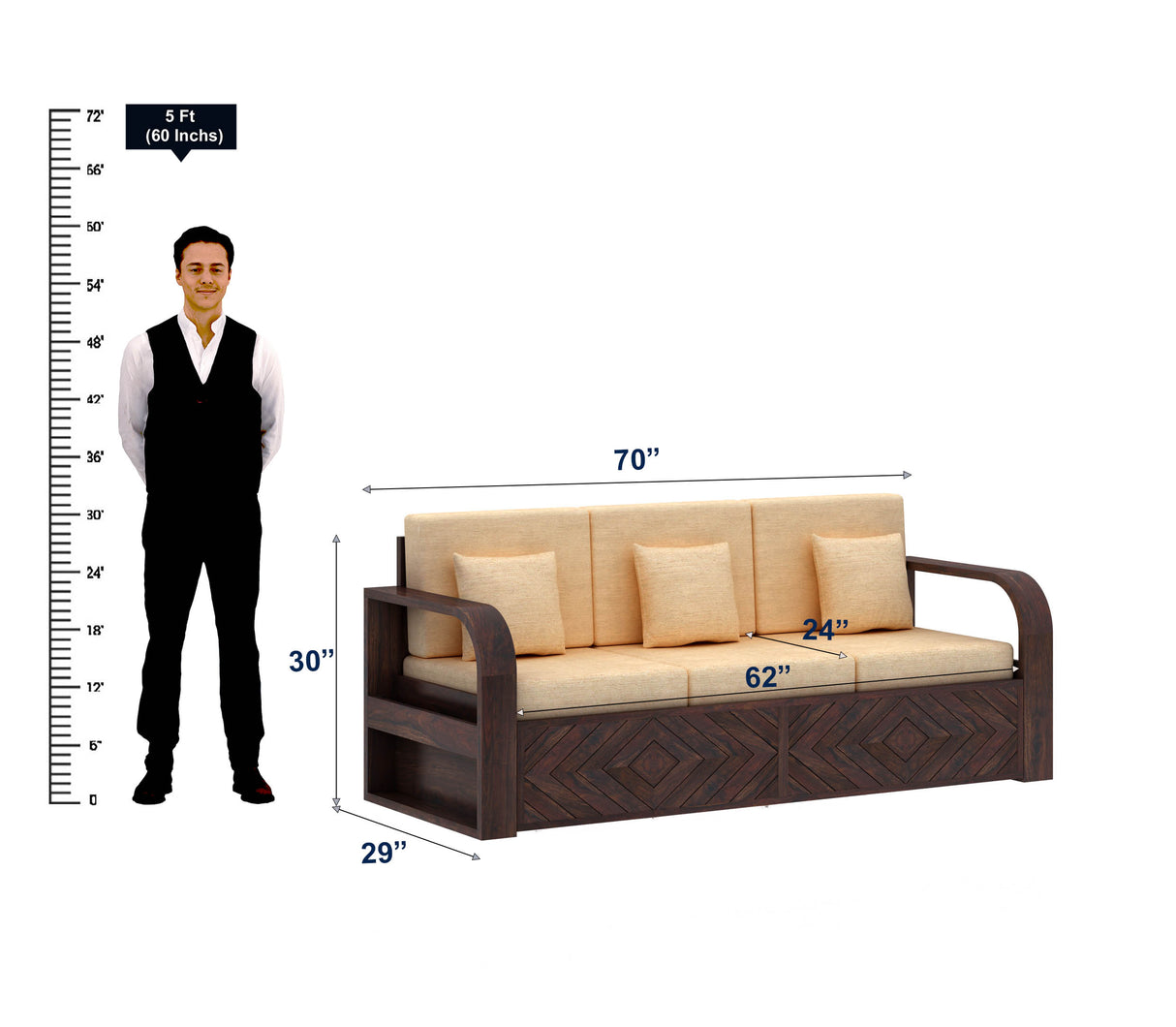 Wave Solid Sheesham Wood 3 Seater Sofa With Side Pockets - 3 Years Warranty