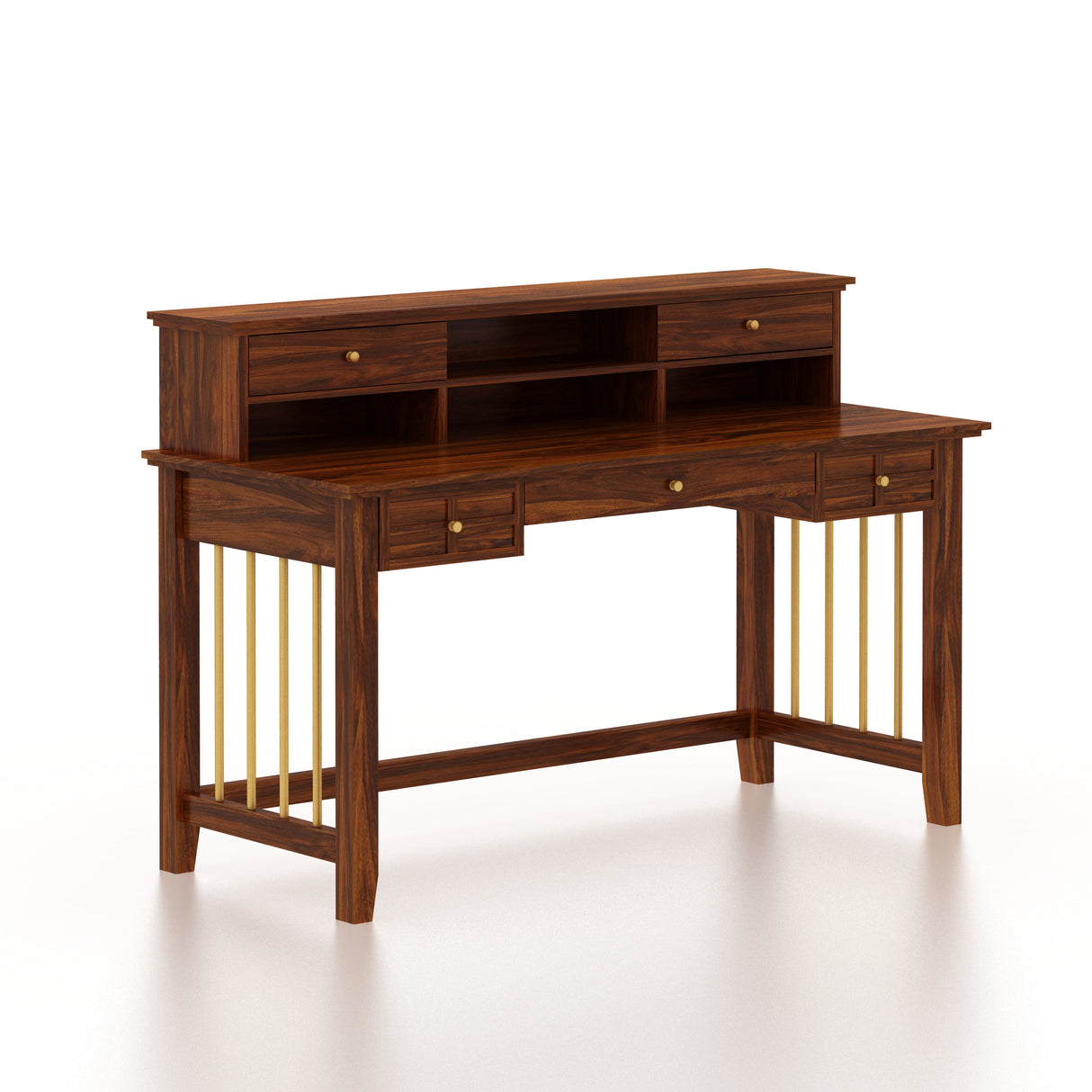 Edin Solid Sheesham Wood Study Table With Storage and Brass Detailing - 3 Years Warranty
