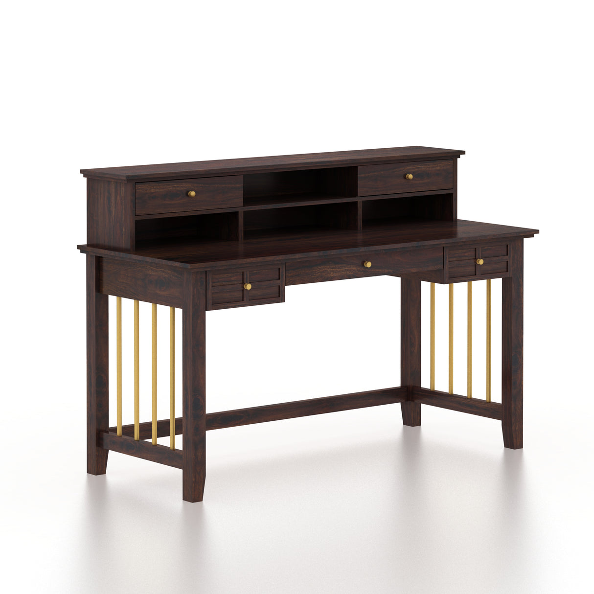 Edin Solid Sheesham Wood Study Table With Storage and Brass Detailing - 3 Years Warranty