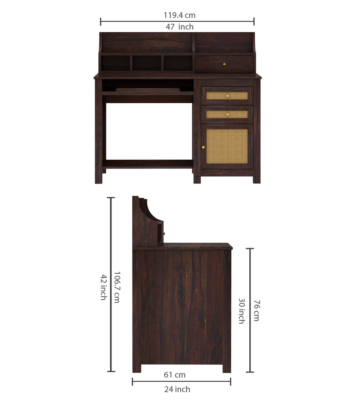 Maharaja Solid Sheesham Wood Study Table With Storage and Rattan Detailing - 3 Years Warranty