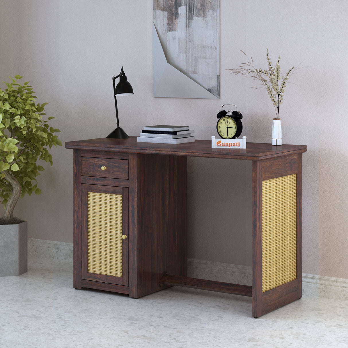 Syrus Solid Sheesham Wood Study Table With Storage and Rattan Detailing(BIG) - 3 Years Warranty