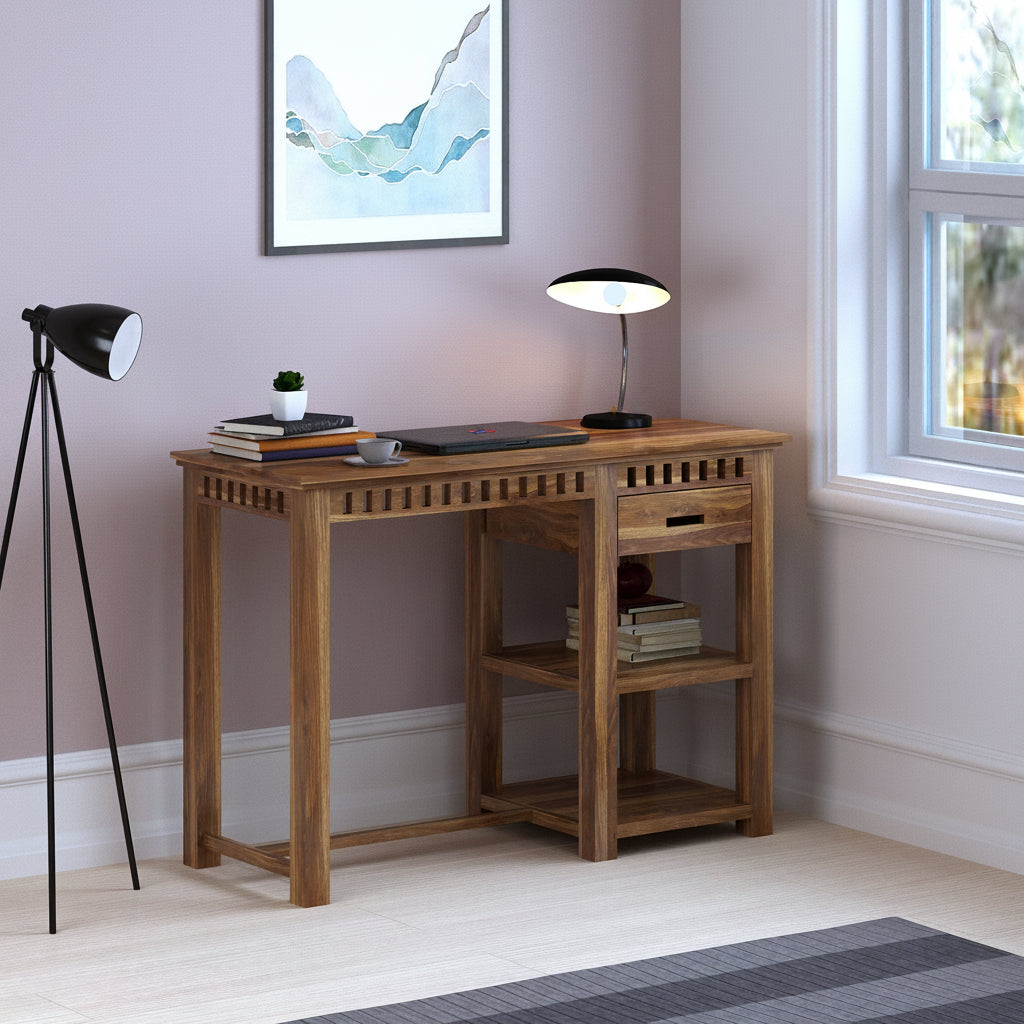 Armania Solid Sheesham Wood Study Table With Open Shelf Storage - 3 Years Warranty