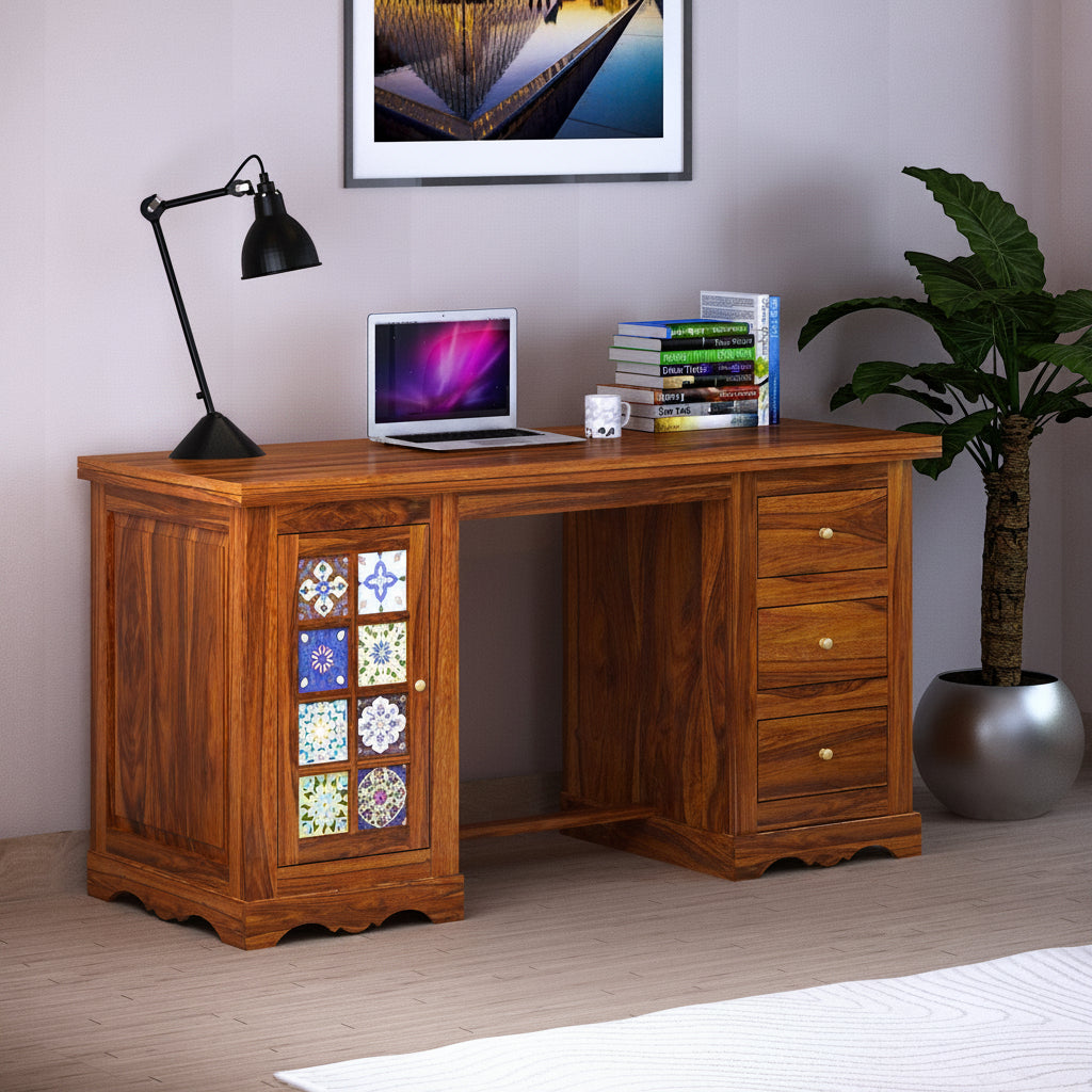 Udaipur Solid Sheesham Wood Study Table With Tiles Detailing - 3 Years Warranty