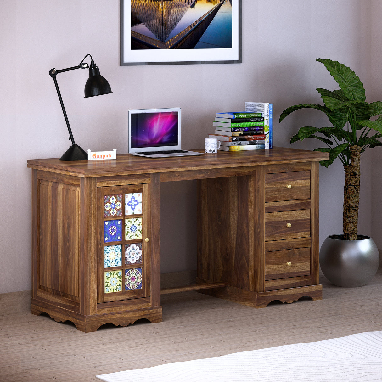 Udaipur Solid Sheesham Wood Study Table With Tiles Detailing - 3 Years Warranty