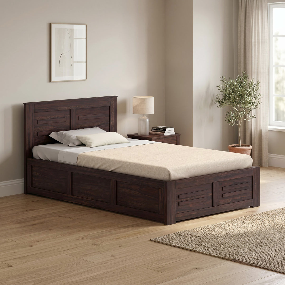 Swiss Solid Sheesham Wood 4 Feet Bed With Box Storage - 3 Years Warranty