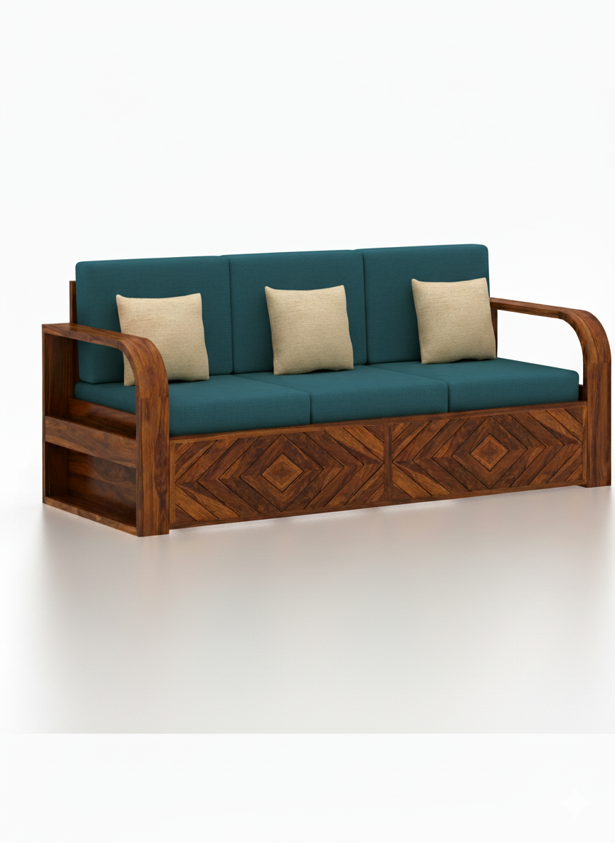 Wave Solid Sheesham Wood 3 Seater Sofa With Side Pockets - 3 Years Warranty
