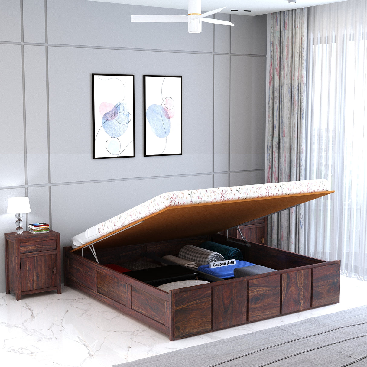 Scott Solid Sheesham Wood Bed With Hydraulic Storage Without Headboard - 3 years Warranty
