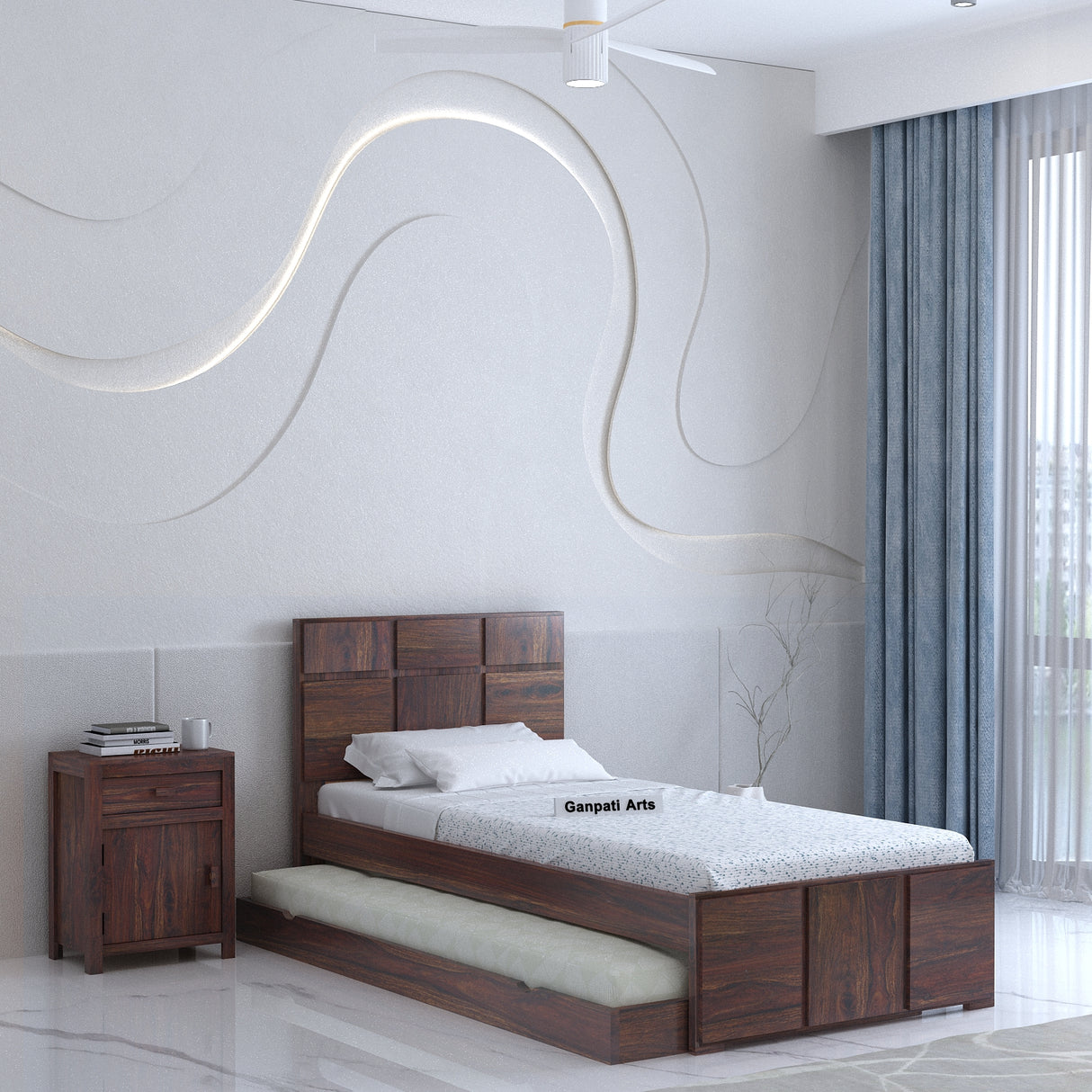 Scott Solid Sheesham Wood Single Trundle Bed Without Storage - 3 years Warranty