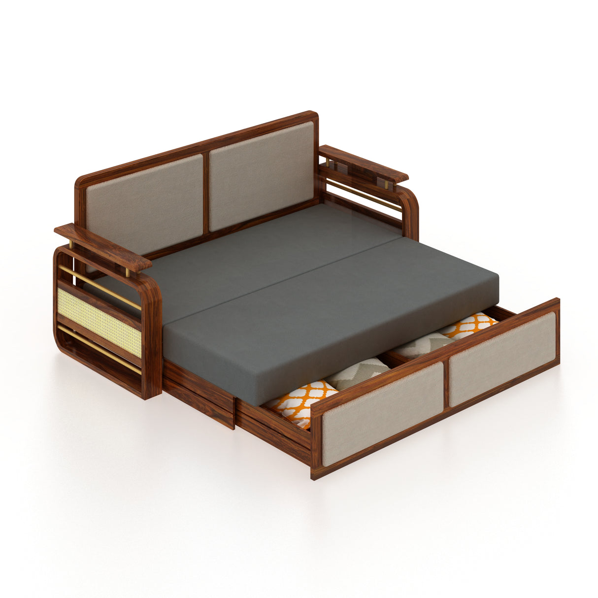 EDIN Solid Sheesham Wood 3 Seater Sofa Cum Bed With Upholstered Headboard and Brass Detailing - 3 Years Warranty
