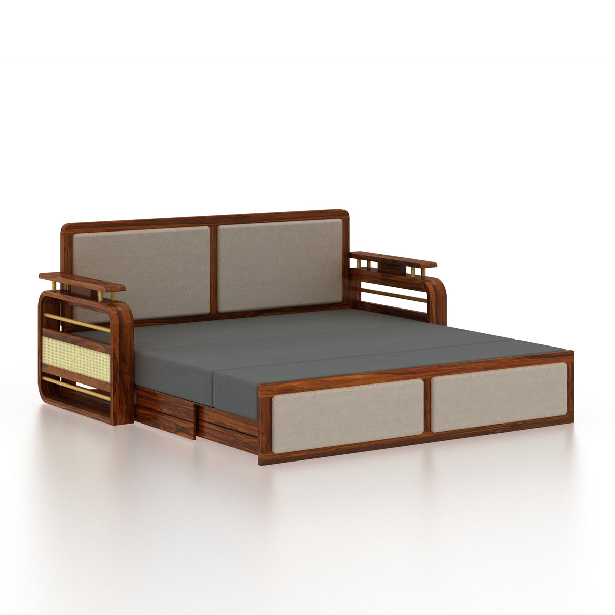 EDIN Solid Sheesham Wood 3 Seater Sofa Cum Bed With Upholstered Headboard and Brass Detailing - 3 Years Warranty