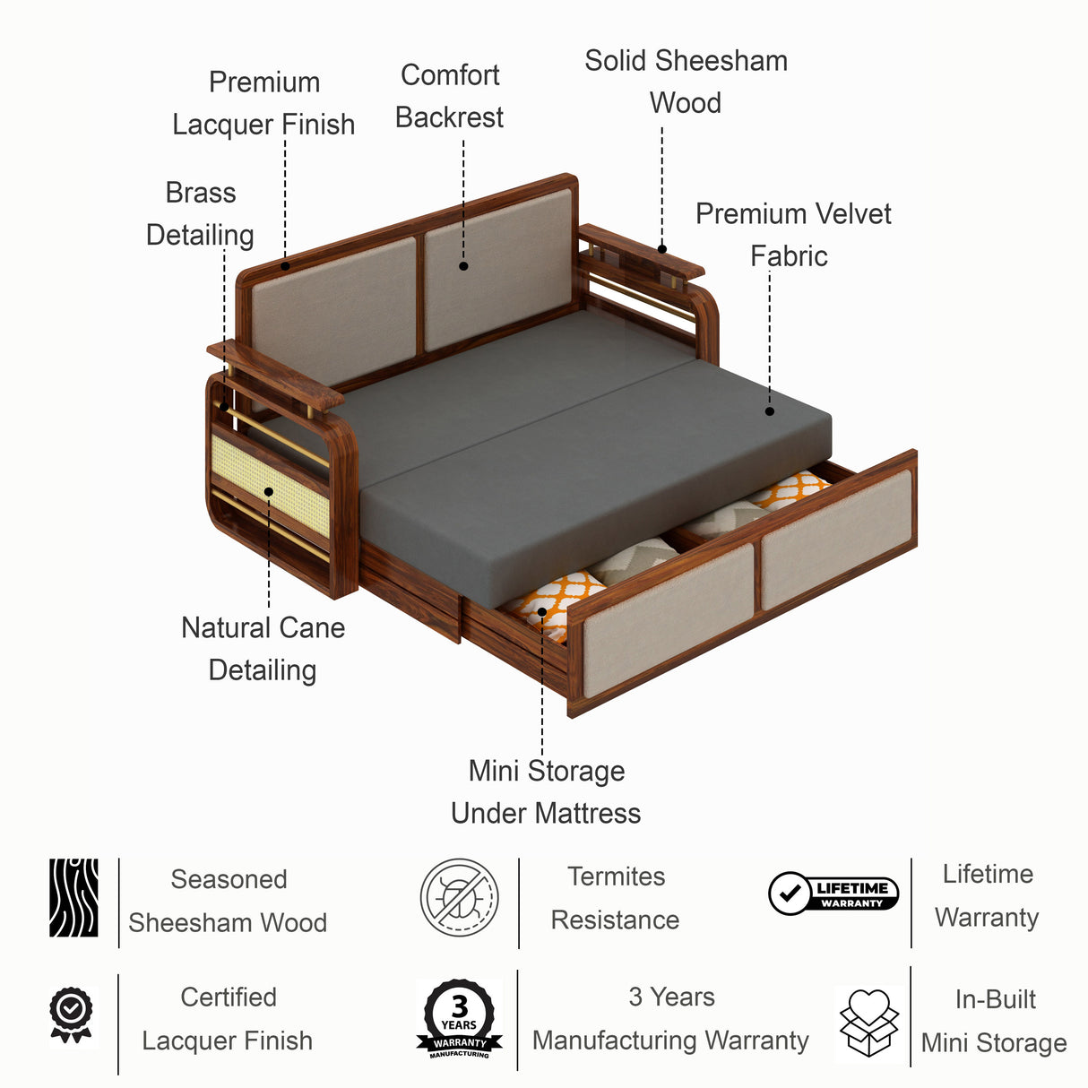 EDIN Solid Sheesham Wood 3 Seater Sofa Cum Bed With Upholstered Headboard and Brass Detailing - 3 Years Warranty