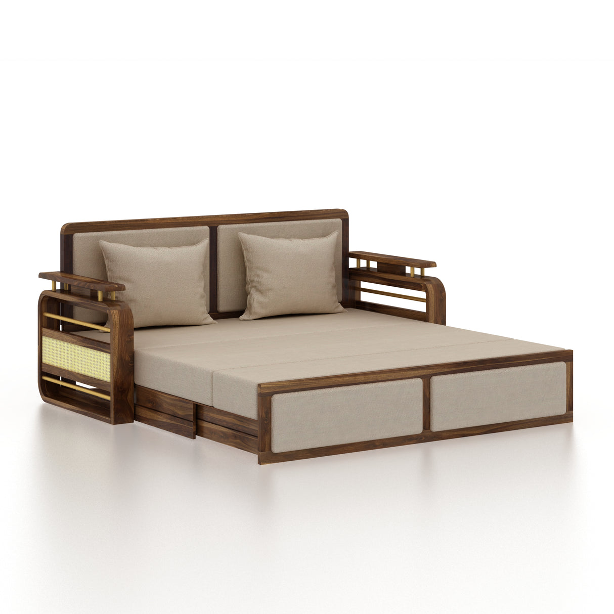 EDIN Solid Sheesham Wood 3 Seater Sofa Cum Bed With Upholstered Headboard and Brass Detailing - 3 Years Warranty