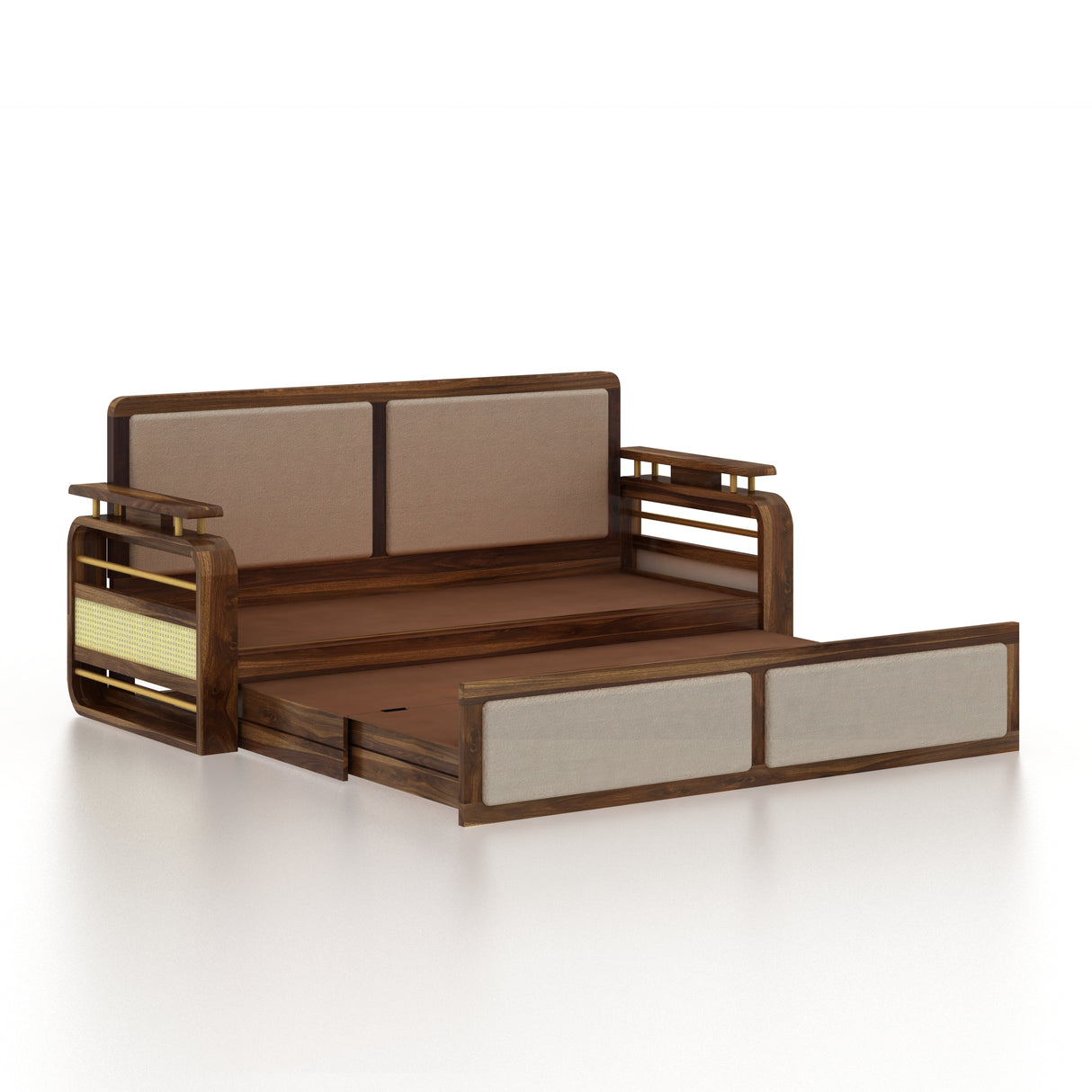 EDIN Solid Sheesham Wood 3 Seater Sofa Cum Bed With Upholstered Headboard and Brass Detailing - 3 Years Warranty