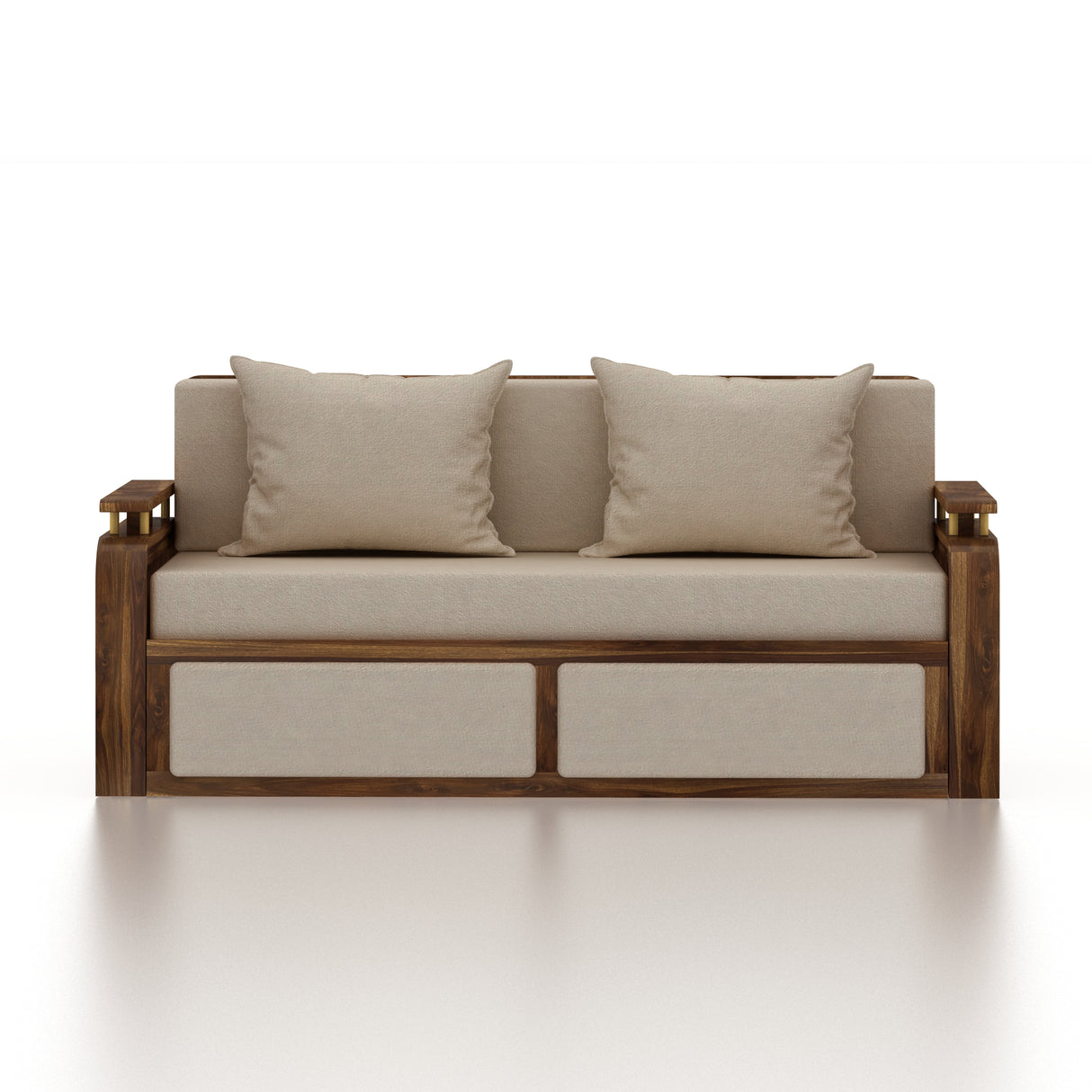 EDIN Solid Sheesham Wood 3 Seater Sofa Cum Bed With Upholstered Headboard and Brass Detailing - 3 Years Warranty