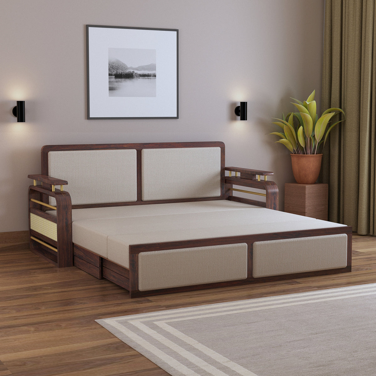 EDIN Solid Sheesham Wood 3 Seater Sofa Cum Bed With Upholstered Headboard and Brass Detailing - 3 Years Warranty