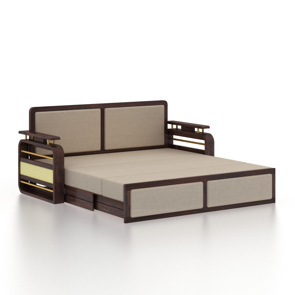 EDIN Solid Sheesham Wood 3 Seater Sofa Cum Bed With Upholstered Headboard and Brass Detailing - 3 Years Warranty