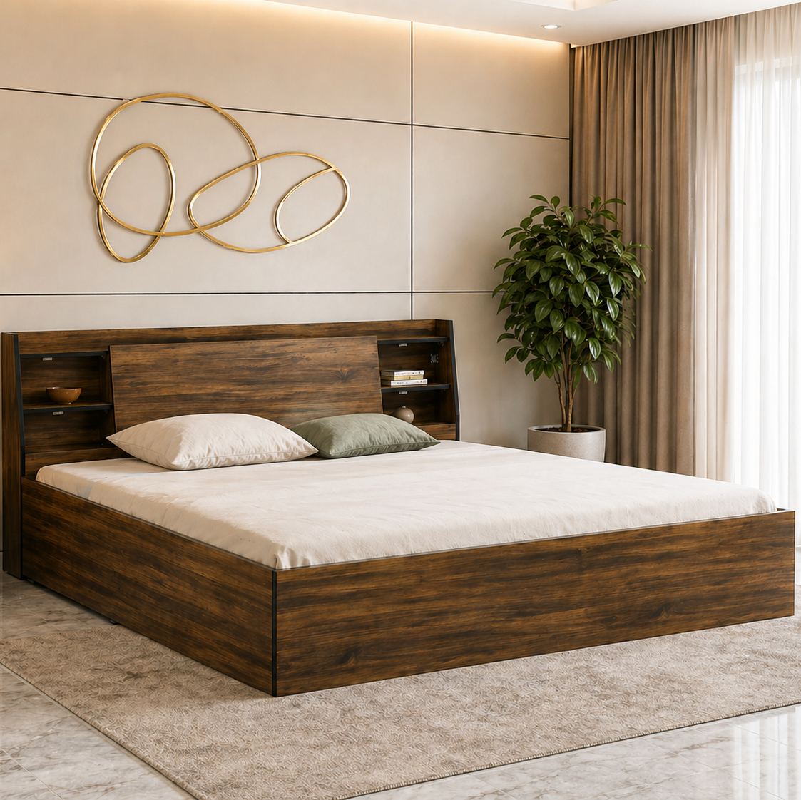 Vento Engineered Wood Bed with Box and Headboard Storage (Walnut) - 12 Months Warranty