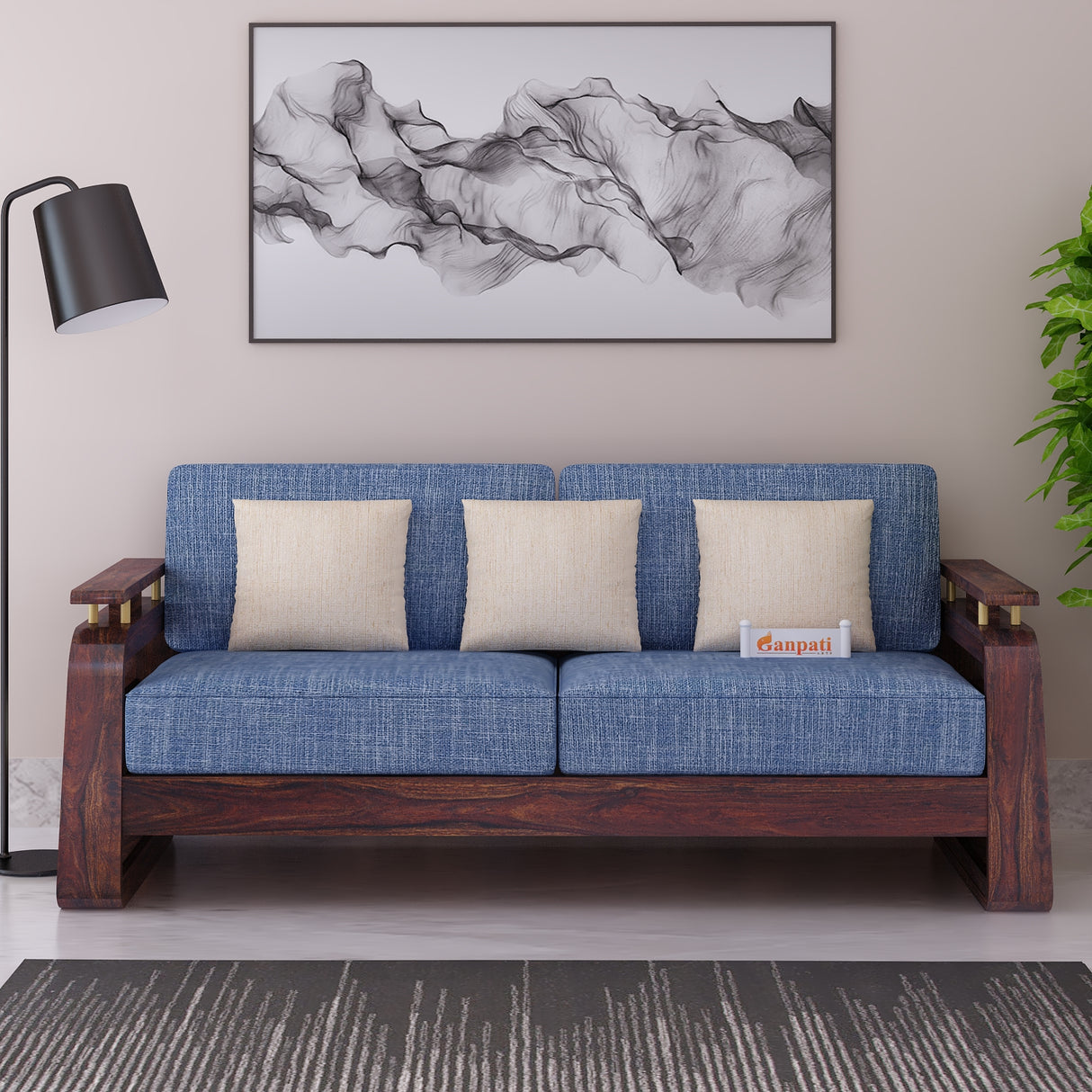 Edin Solid Sheesham Wood 3 Seater Sofa With Cane & Brass Detailing - 3 Year Warranty (LUXE EDITION)