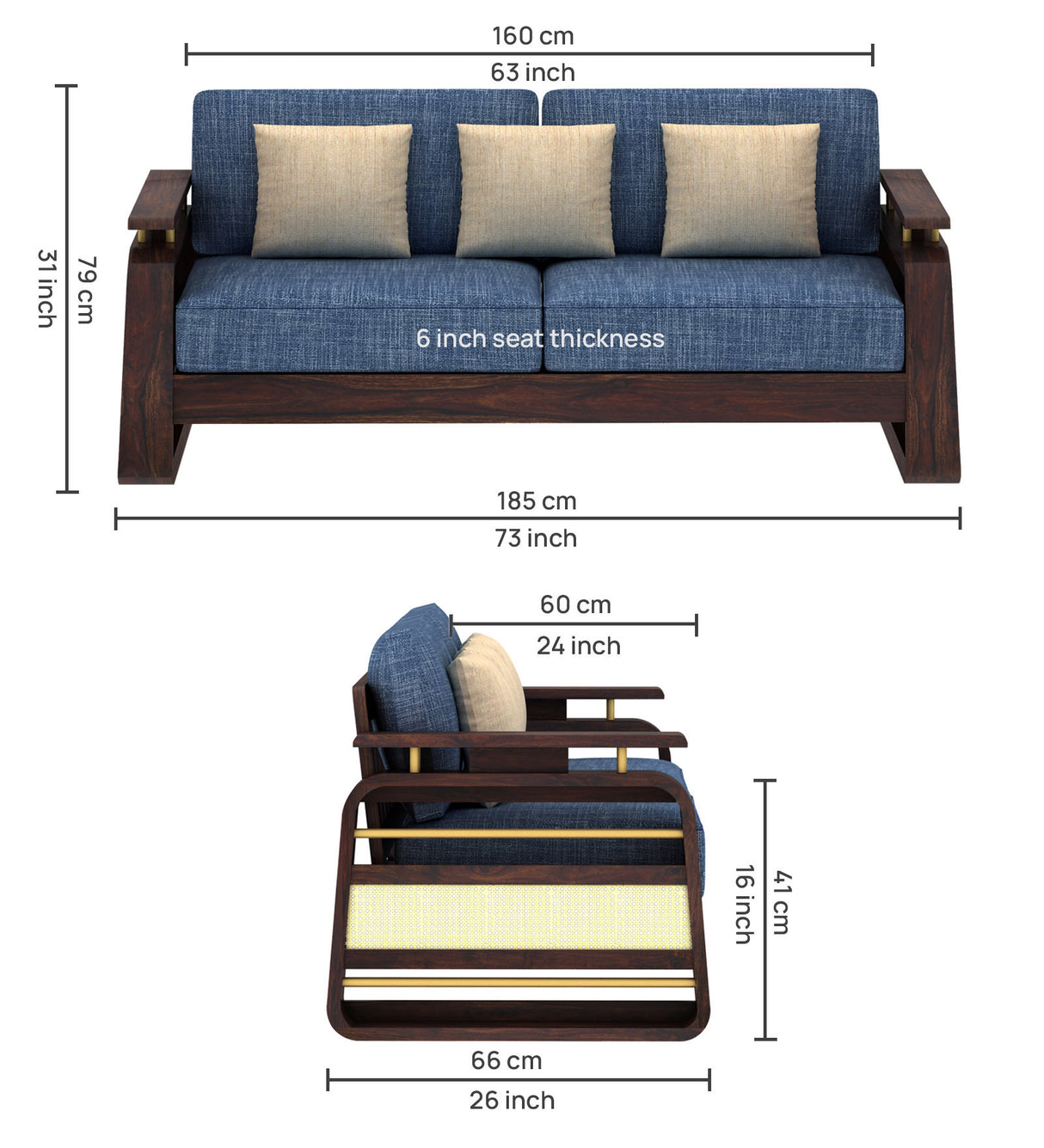 Edin Solid Sheesham Wood 3 Seater Sofa With Cane & Brass Detailing - 3 Year Warranty (LUXE EDITION)