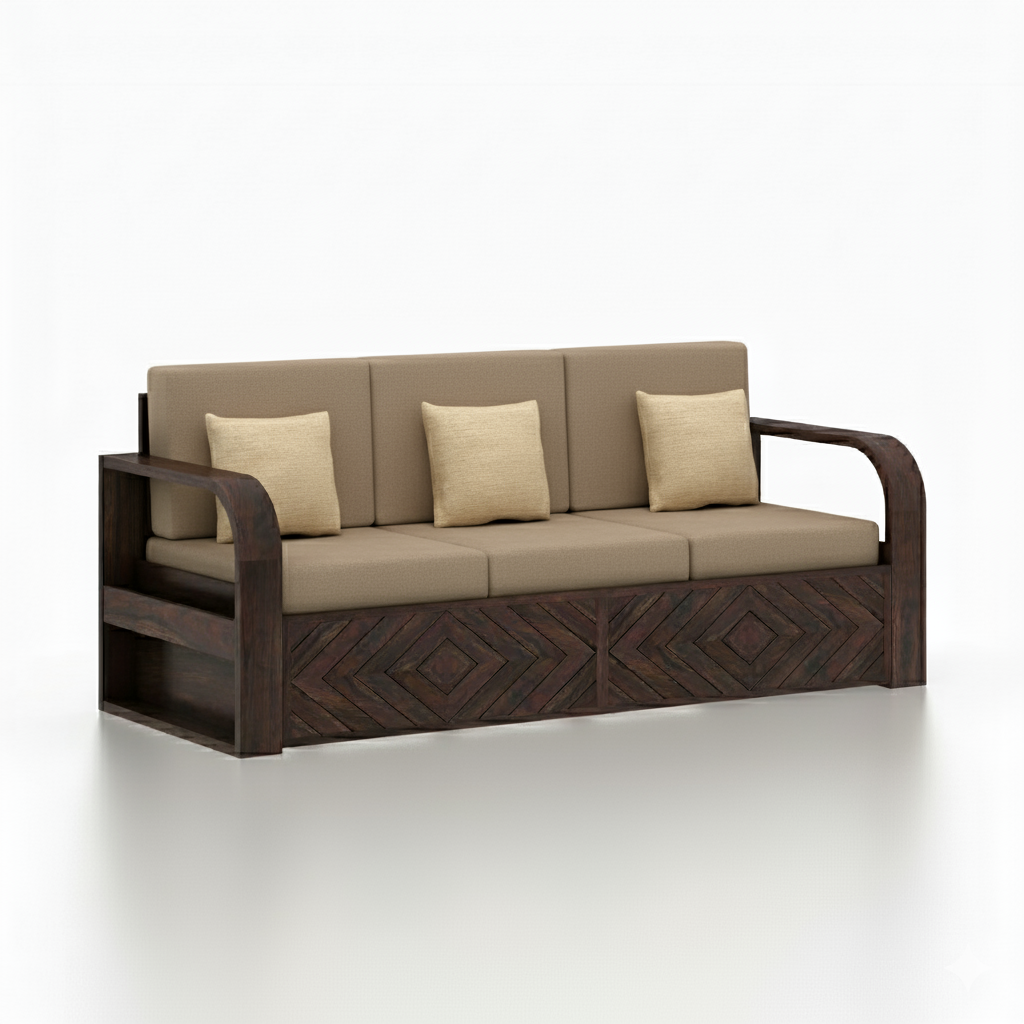 Wave Solid Sheesham Wood 3 Seater Sofa With Side Pockets - 3 Years Warranty