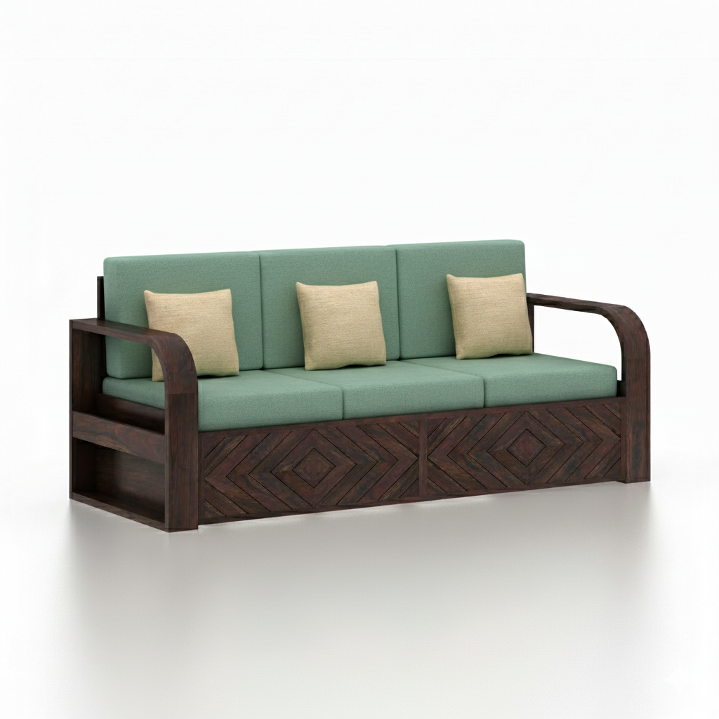 Wave Solid Sheesham Wood 3 Seater Sofa With Side Pockets - 3 Years Warranty