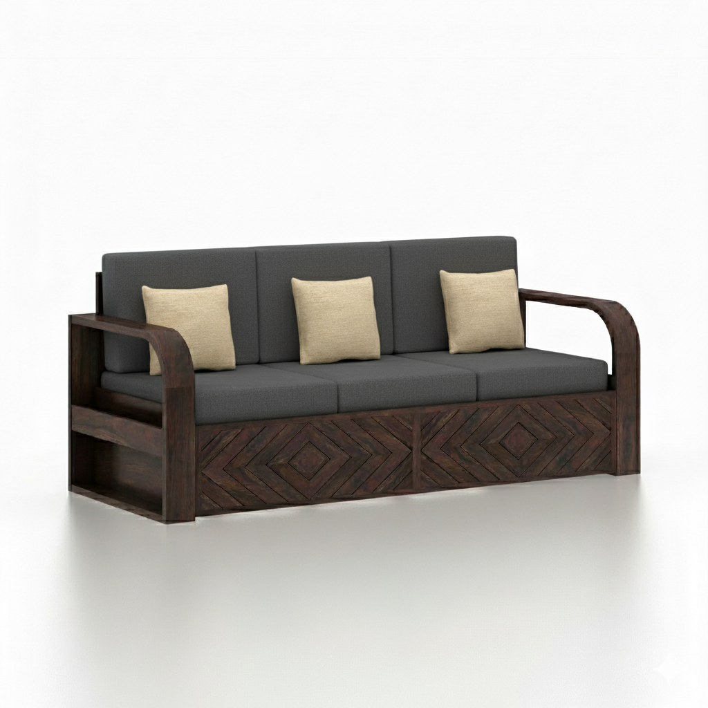 Wave Solid Sheesham Wood 3 Seater Sofa With Side Pockets - 3 Years Warranty