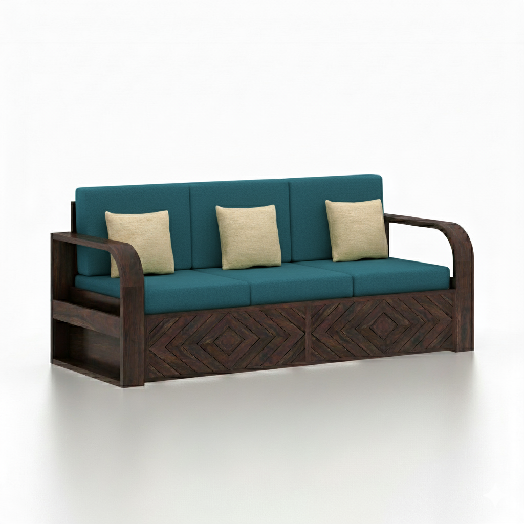 Wave Solid Sheesham Wood 3 Seater Sofa With Side Pockets - 3 Years Warranty