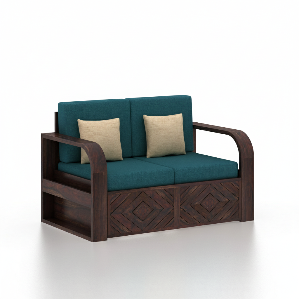 Wave Solid Sheesham Wood 2 Seater Sofa With Side Pockets - 3 Years Warranty