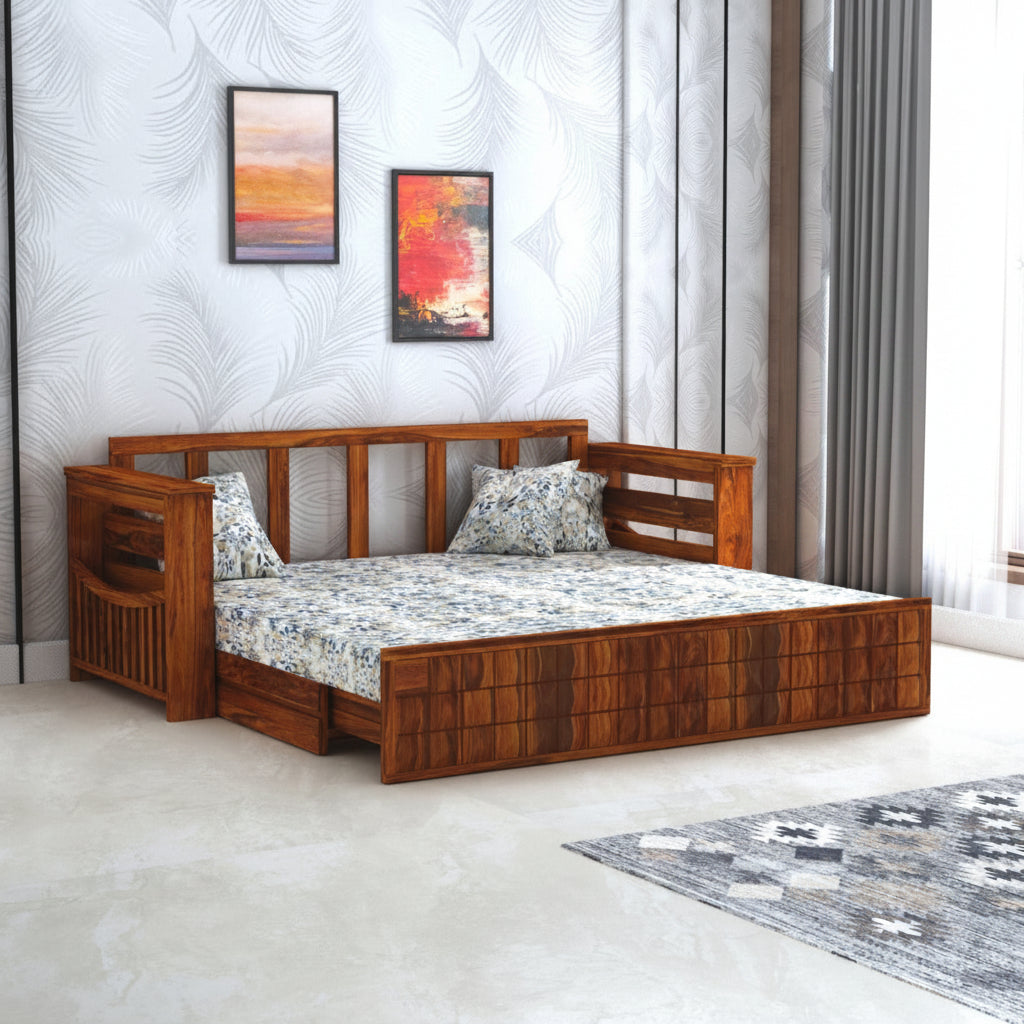 OSLO Solid Sheesham Wood 3 Seater Sofa Cum Bed With Side Pockets FLORAL - 3 Years Warranty