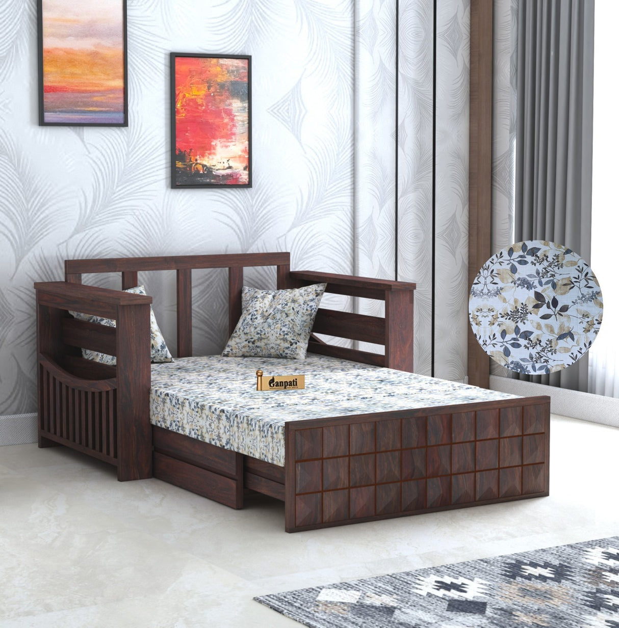 OSLO Solid Sheesham Wood 2 Seater Sofa Cum Bed With Side Pocket FLORAL - 3 Years Warranty