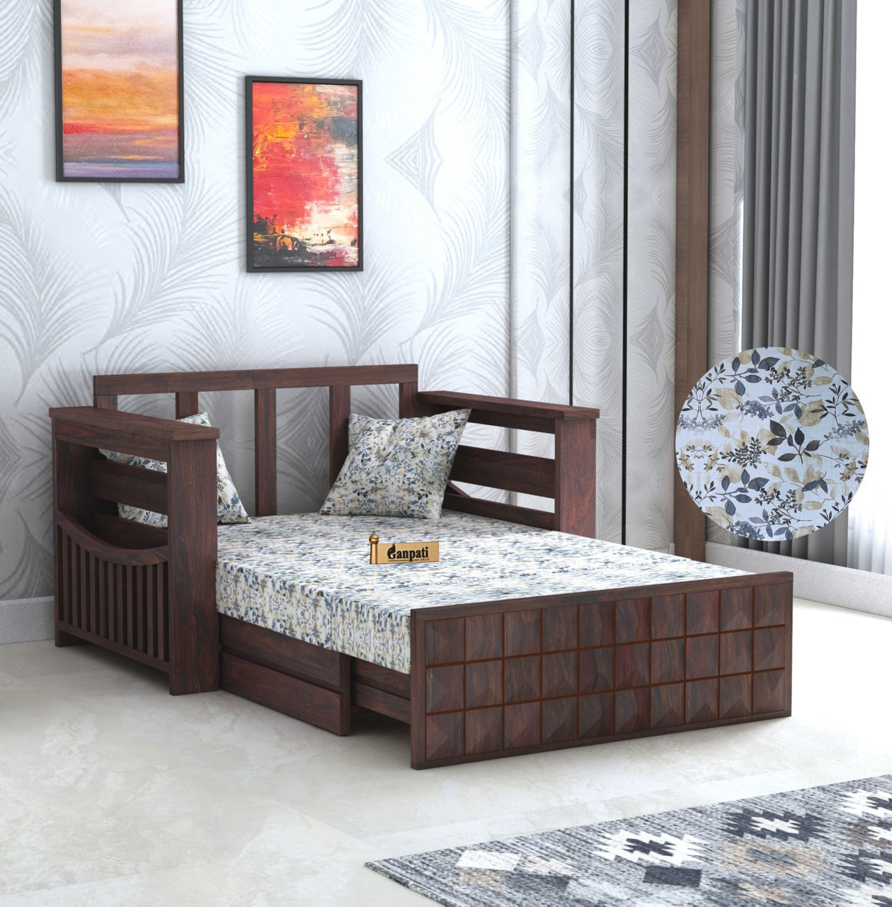 OSLO Solid Sheesham Wood 2 Seater Sofa Cum Bed With Side Pocket FLORAL - 3 Years Warranty
