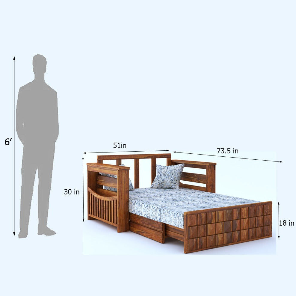 OSLO Solid Sheesham Wood 2 Seater Sofa Cum Bed With Side Pocket FLORAL - 3 Years Warranty