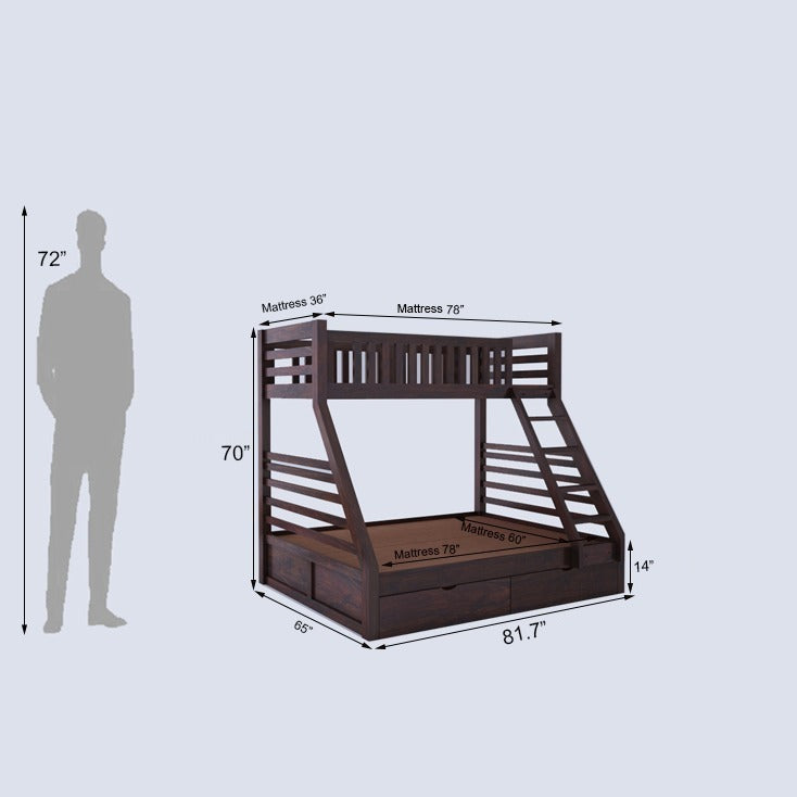 Intalian Solid Sheesham Bunk Bed With Drawer Storage - 3 Years Warranty