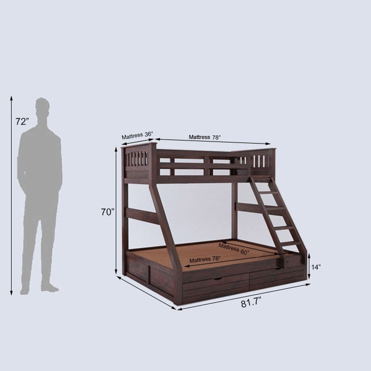 RIO Solid Sheesham Bunk Bed With Drawer Storage - 3 Years Warranty