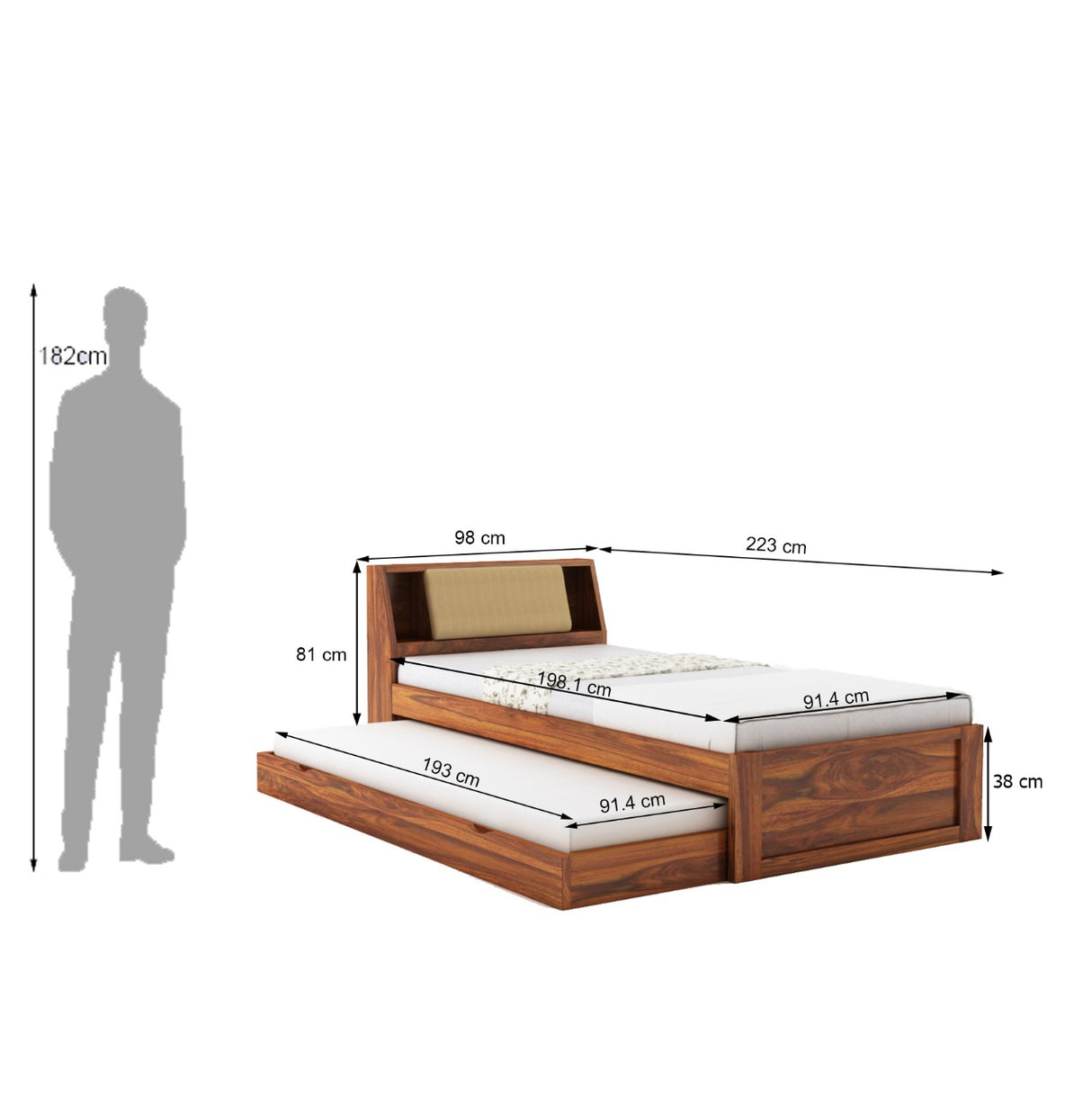 Mayor Solid Sheesham Wood Single Trundle Bed With Headboard Storage - 3 Years Warranty