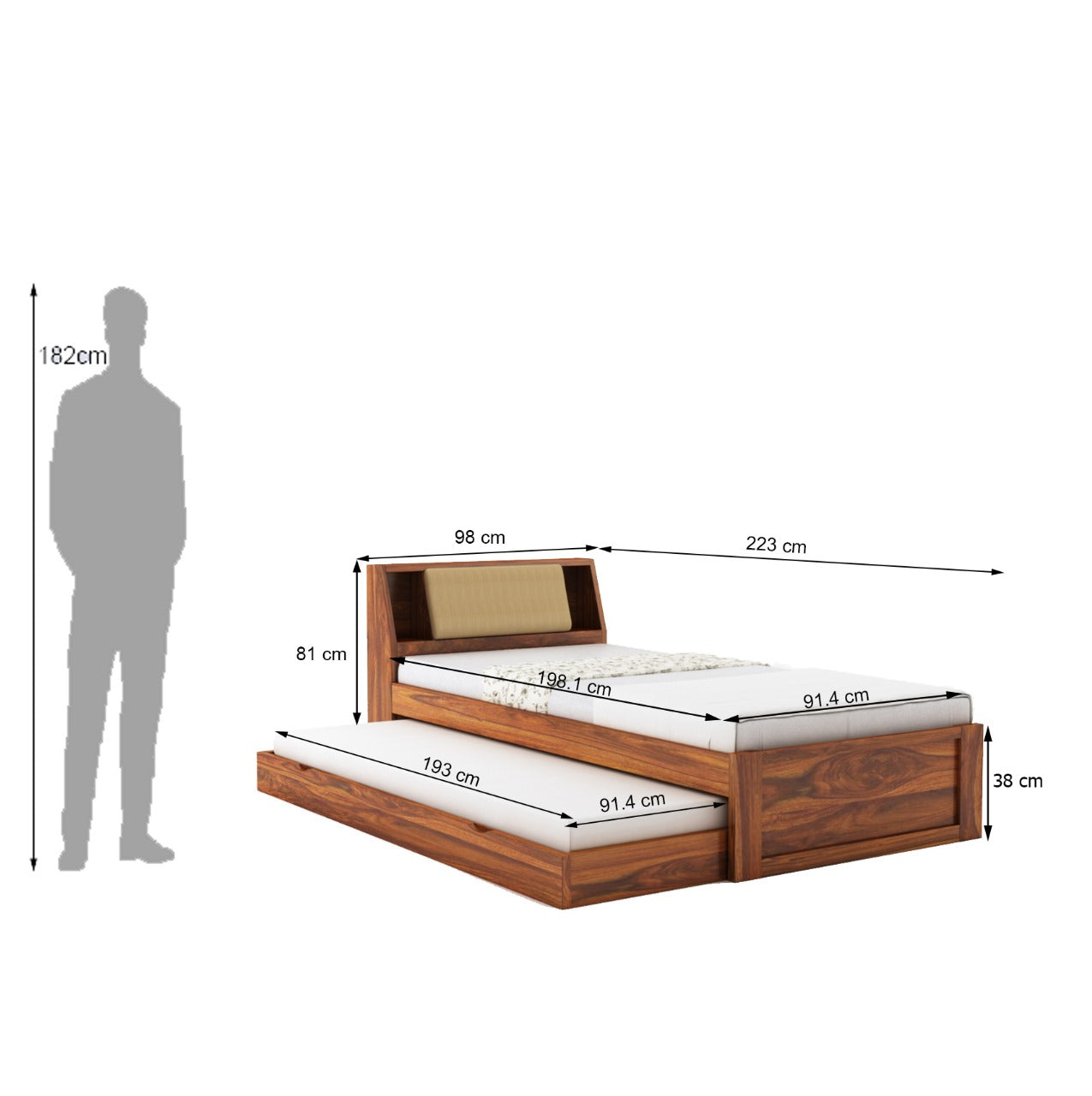 Mayor Solid Sheesham Wood Single Trundle Bed With Headboard Storage - 3 Years Warranty