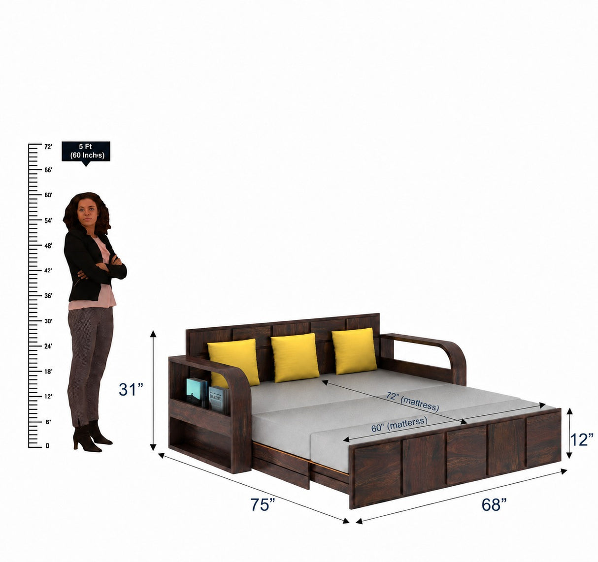 Scott Solid Sheesham Wood 3 Seater Sofa Cum Bed with Headboard Design - 3 Years Warranty