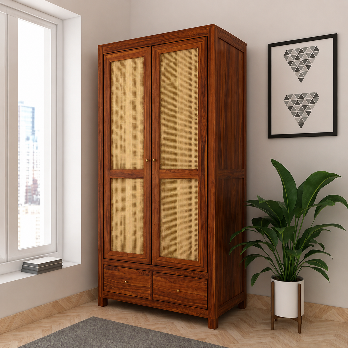 Syrus Two Door Solid Sheesham Wood Wardrobe Cane - 3 Year Warranty