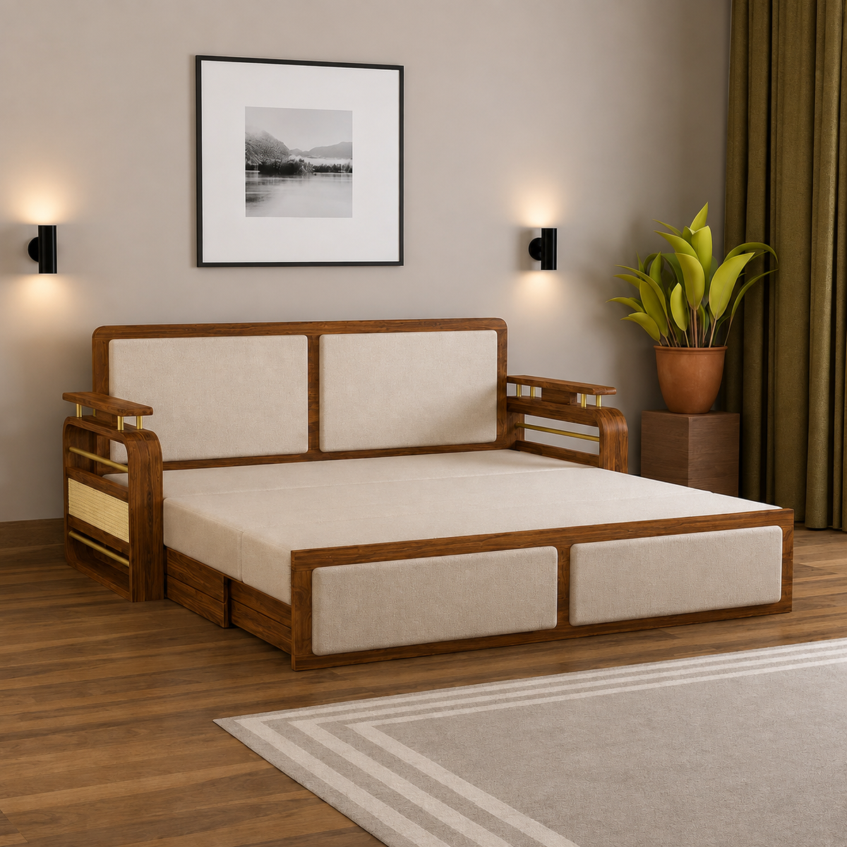EDIN Solid Sheesham Wood 3 Seater Sofa Cum Bed With Upholstered Headboard and Brass Detailing - 3 Years Warranty