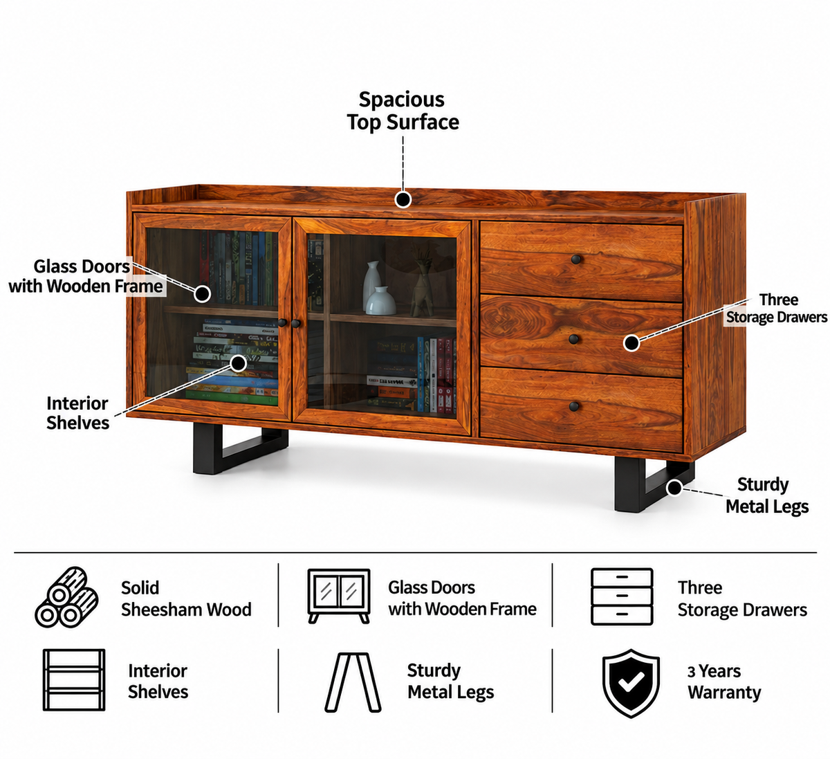 Victoria Solid Sheesham Wood Sideboard With Doors and Drawer Storage - 3 years Warranty(Luxe Edition)