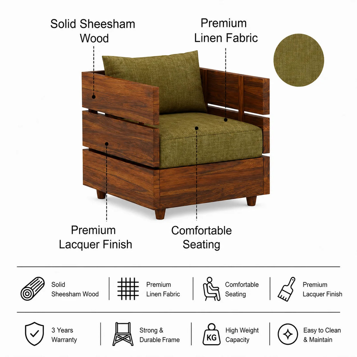 Cairo Solid Sheesham Wood Single Seater Sofa - 3 Year Warranty (LUXE EDITION)