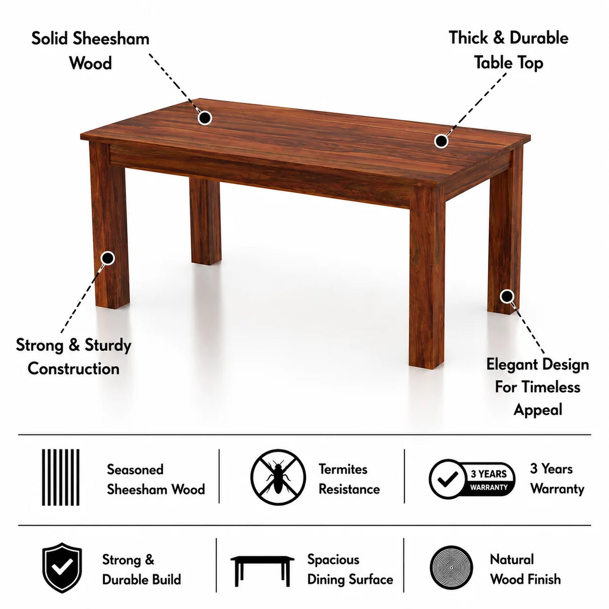 Cairo Solid Sheesham Wood 6 Seater Dining Table - 3 Years Warranty