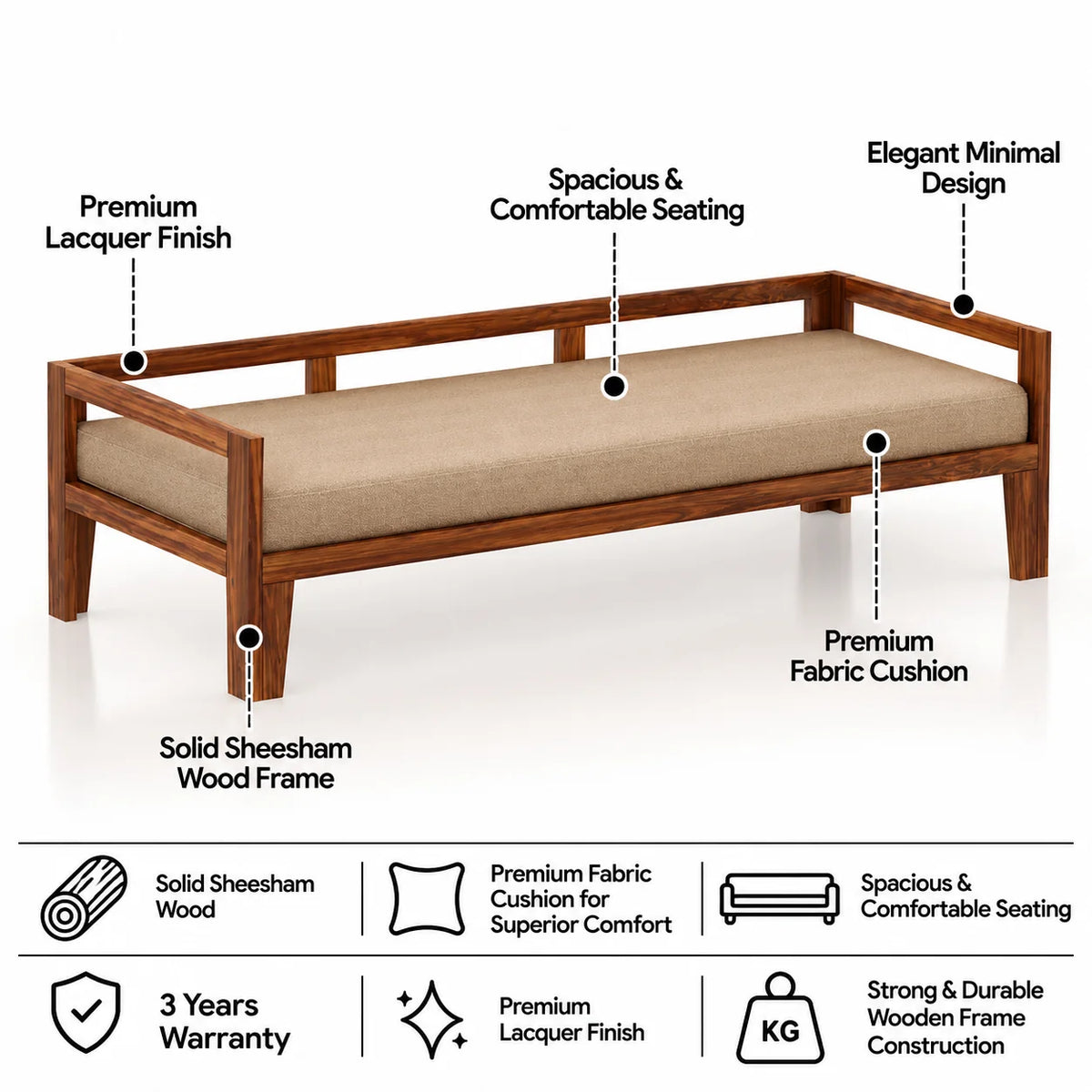 Foster Solid Sheesham Wood Divan Cum Sofa - 3 Years Warranty