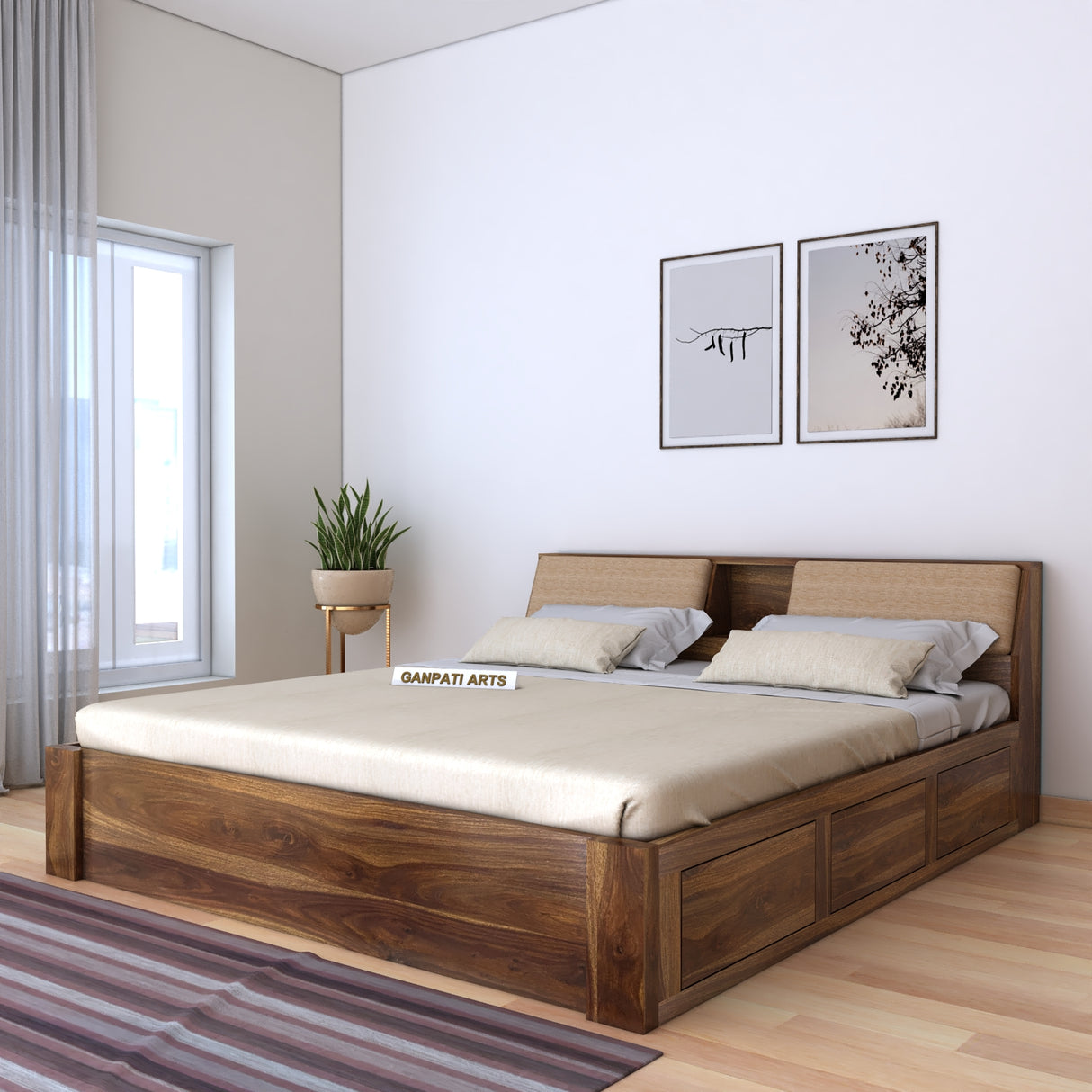 Mayor Solid Sheesham Wood Bed with Box Storage - 3 Years Warranty