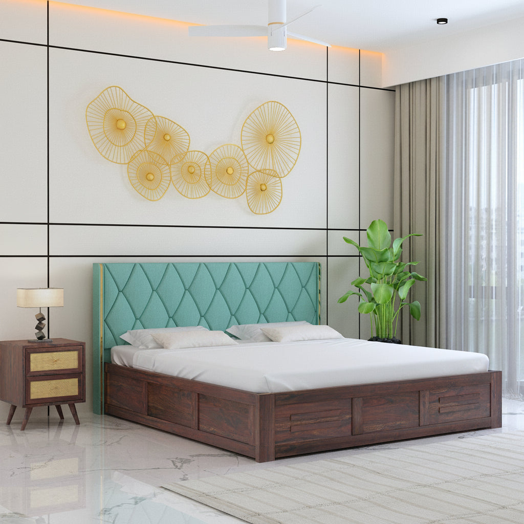 Swiss Solid Sheesham Wood Bed With Box Storage & Eifle Style Upholstered Headboard-3 years Warranty(LUXE EDITION)