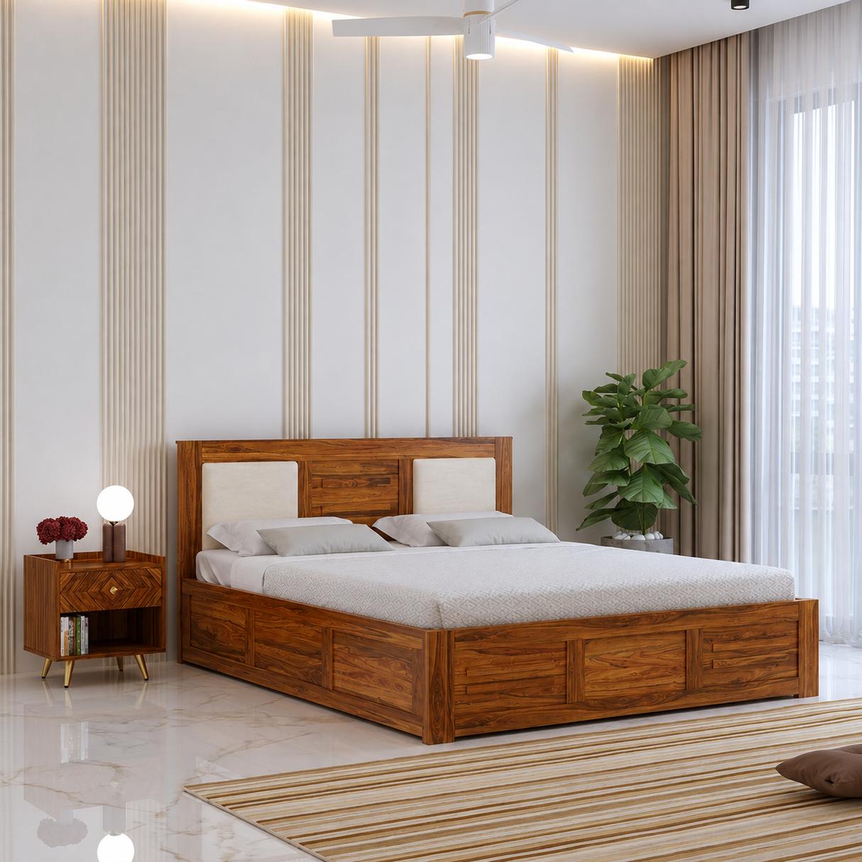 Swiss Solid Sheesham Wood Box Storage Bed With Upholstered Backrest - 3 years Warranty