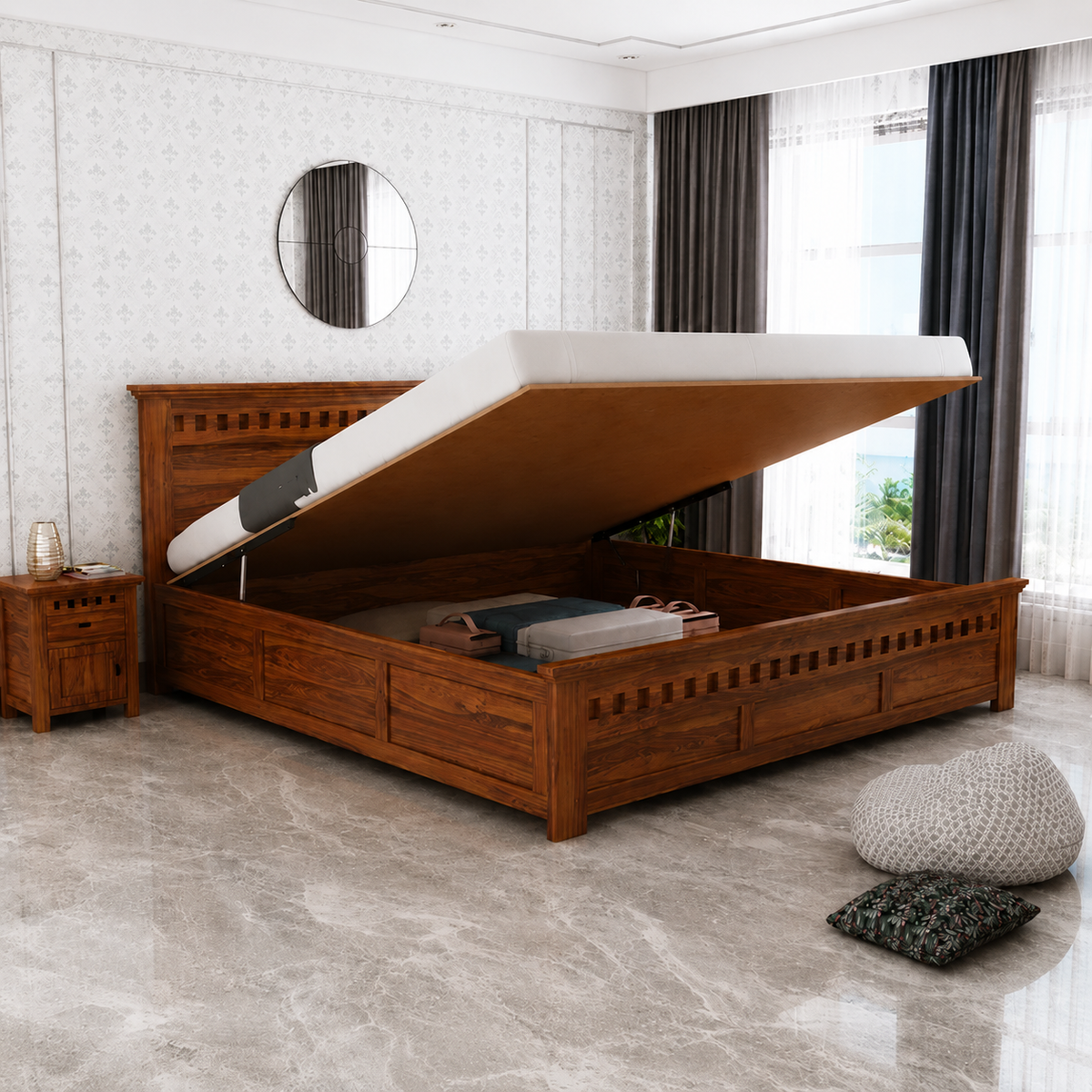 Armania Solid Sheesham Wood Hydraulic Storage Bed - 3 Years Warranty