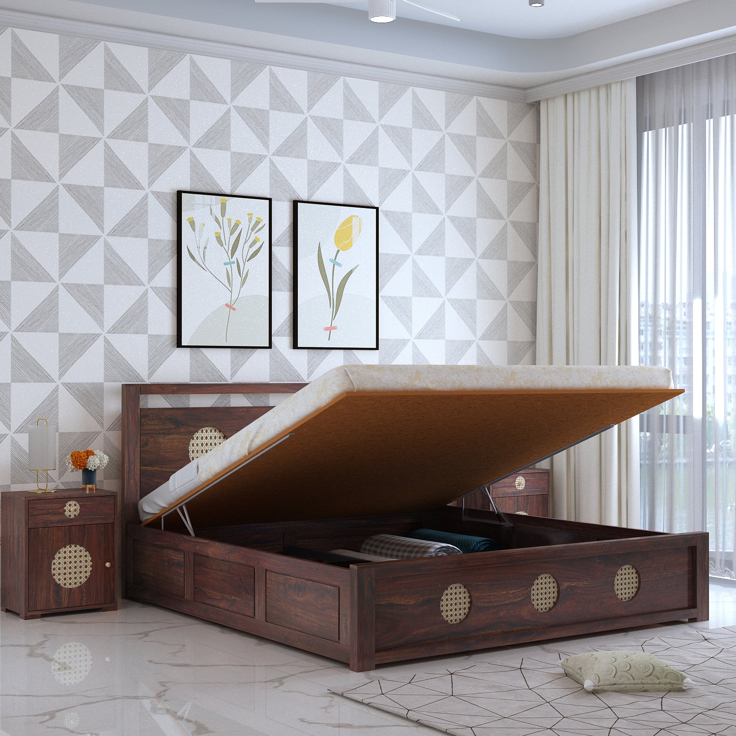Cosmos Solid Sheesham Wood Hydraulic Storage Bed - 3 years Warranty